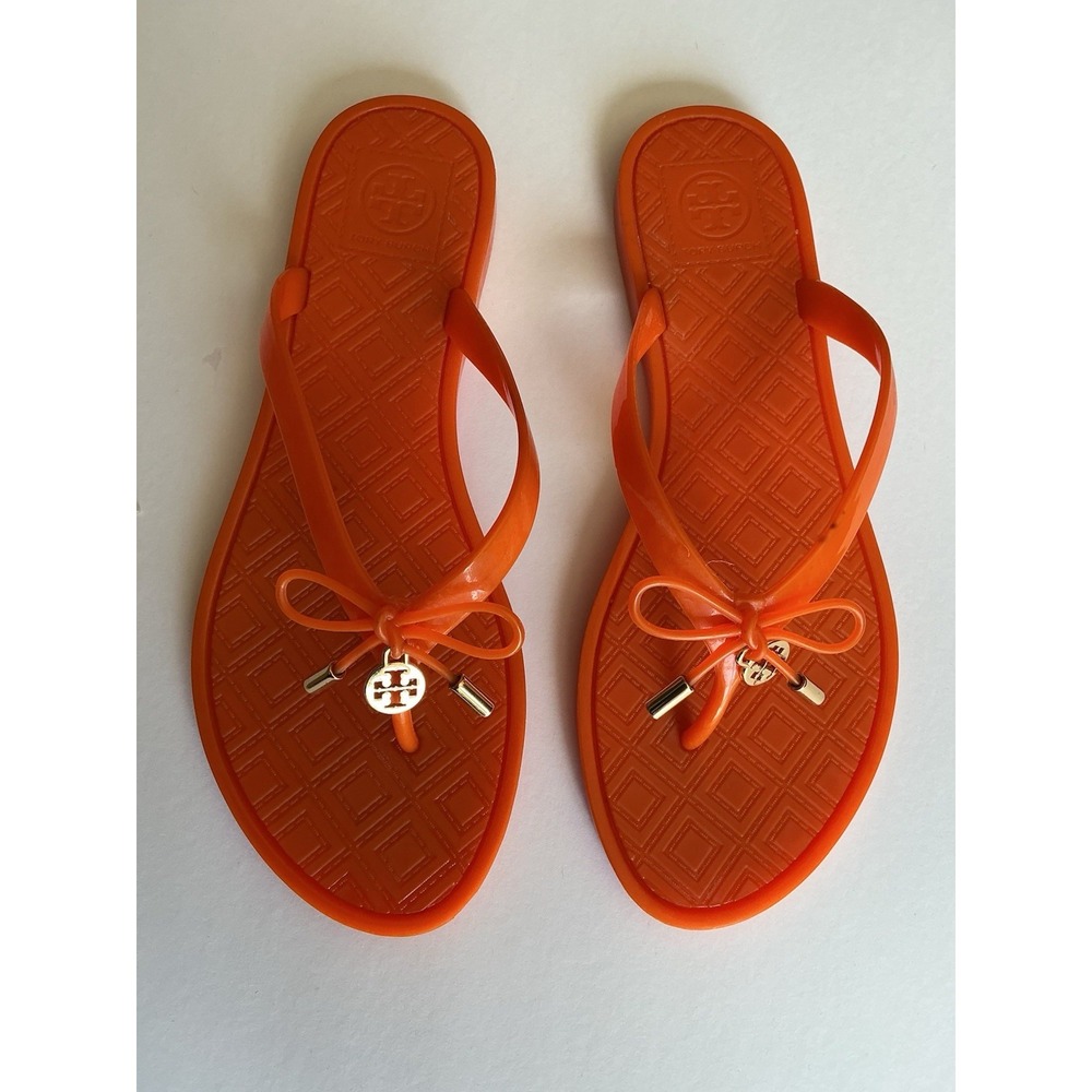 Tory Burch Jelly Bow Tie Gold Logo Flip Flops flats , Poppy Orange, Size 7